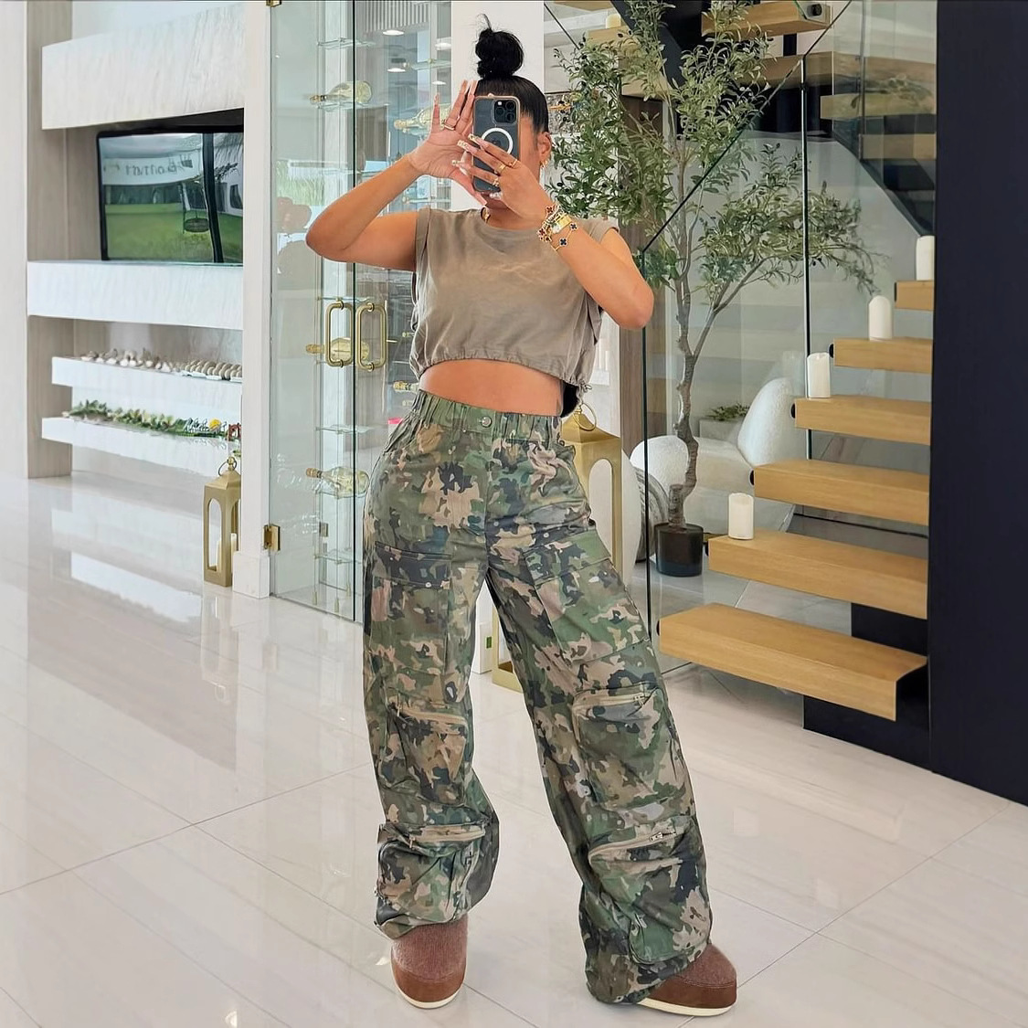 Summer Camouflage Print High-Waist Loose Cargo Pants
