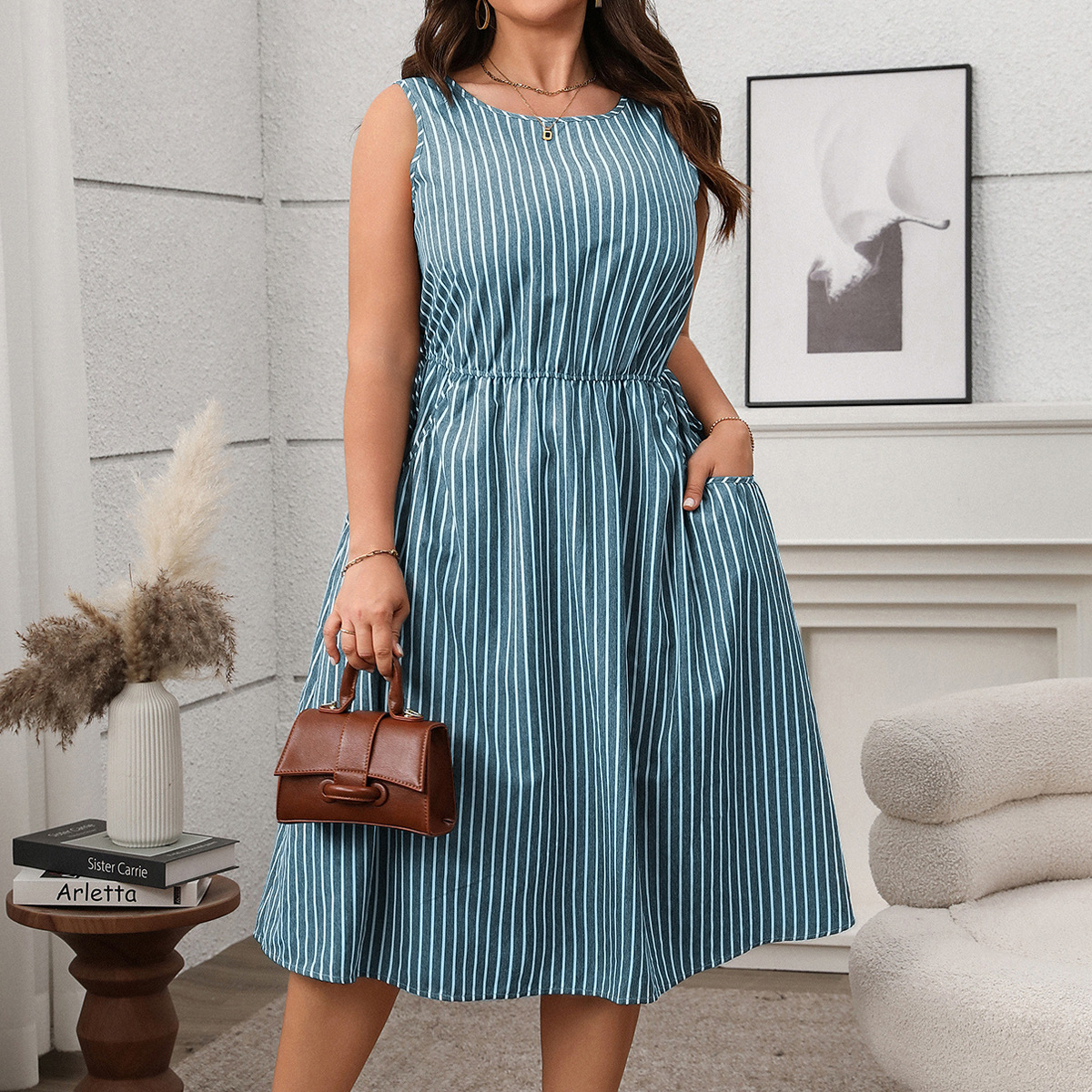 Spring/Summer Women's Plus Size Casual Contrast Stripe Sleeveless Pocket Dress