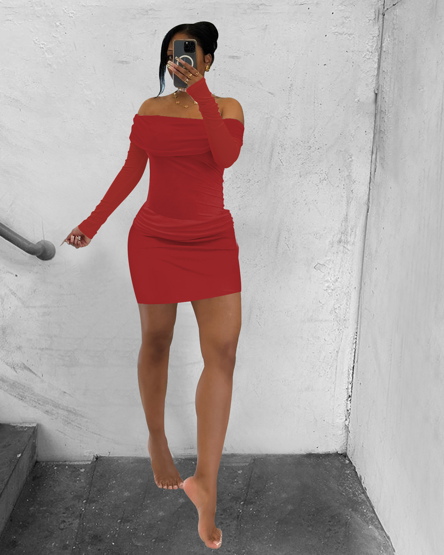 Women's Spring/Summer See-Through Mesh Long-Sleeve Patchwork Off-Shoulder Ruched Two-Piece Skirt Set