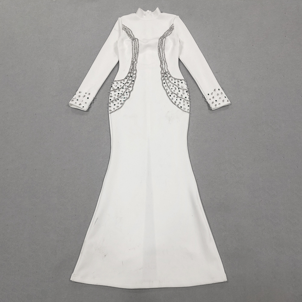 Fall/Winter Long-Sleeve Bandage Dress Rhinestone High Neck Party Gown