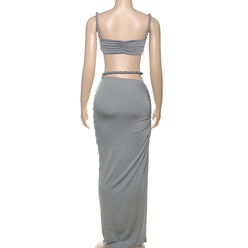 Women Spring Sexy Solid Backless Top and Bodycon Skirt Two-piece Set