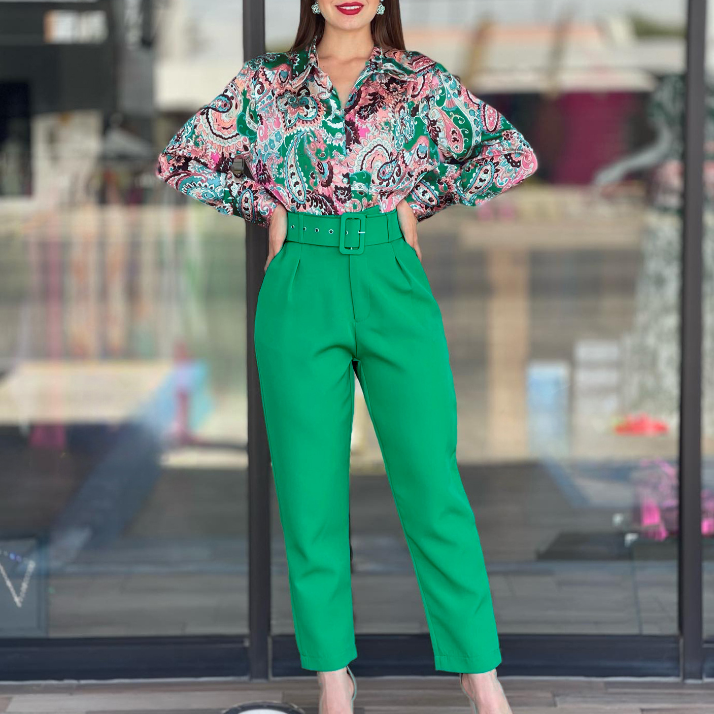 Women's Spring Printed Long-Sleeve Shirt and High-Waist Trousers Two-Piece Set