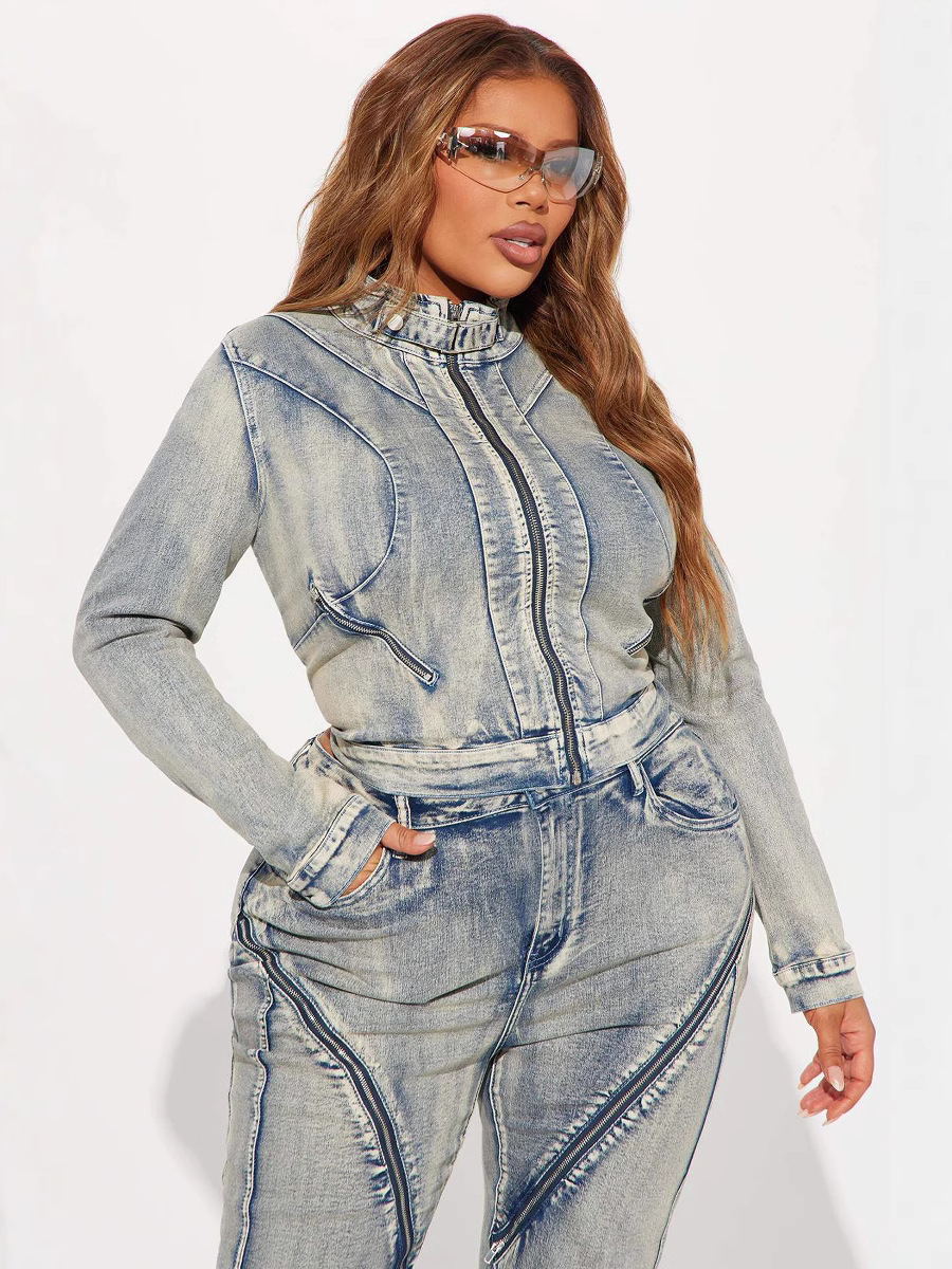 Women Spring Sexy Stretch Washed Zipper Denim Jacket Top and PantsTwo Piece Set