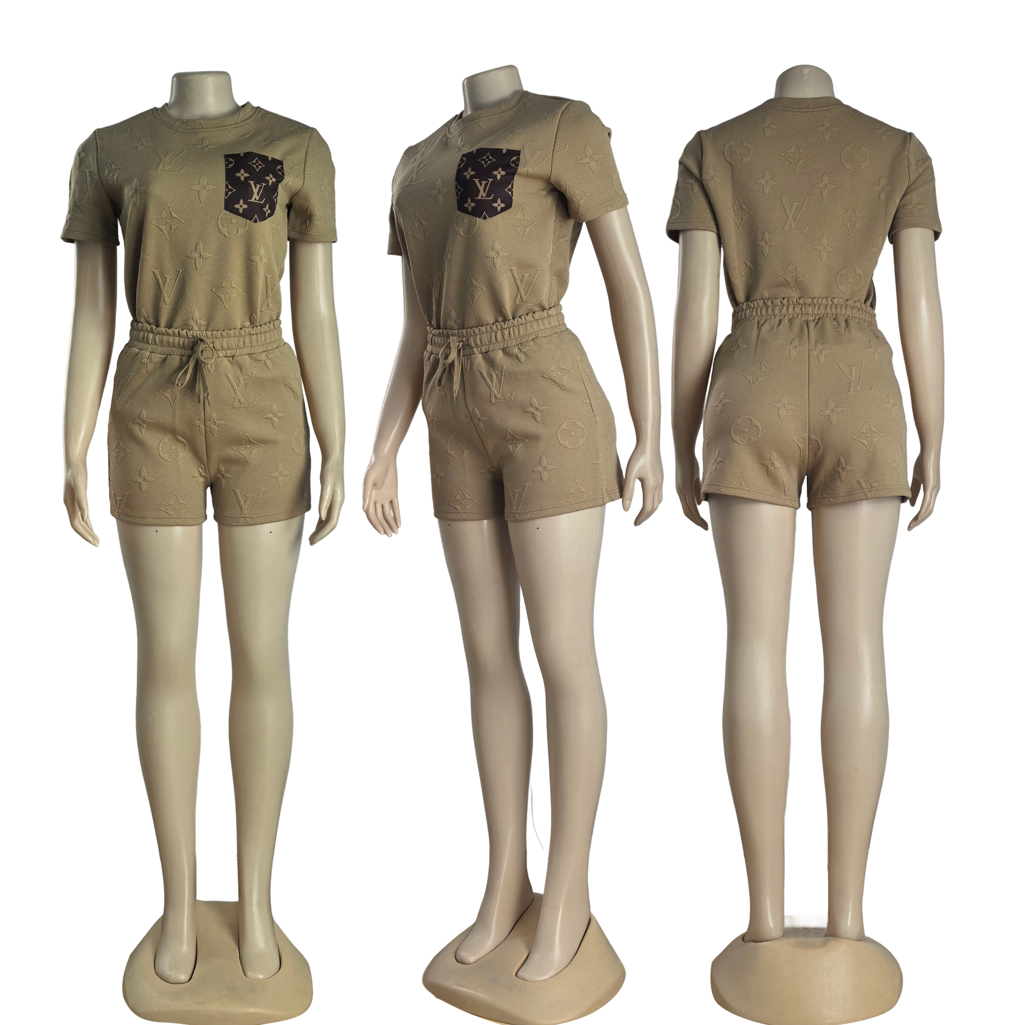 Women Short Sleeve Patch procket Top and Shorts Two Piece Set