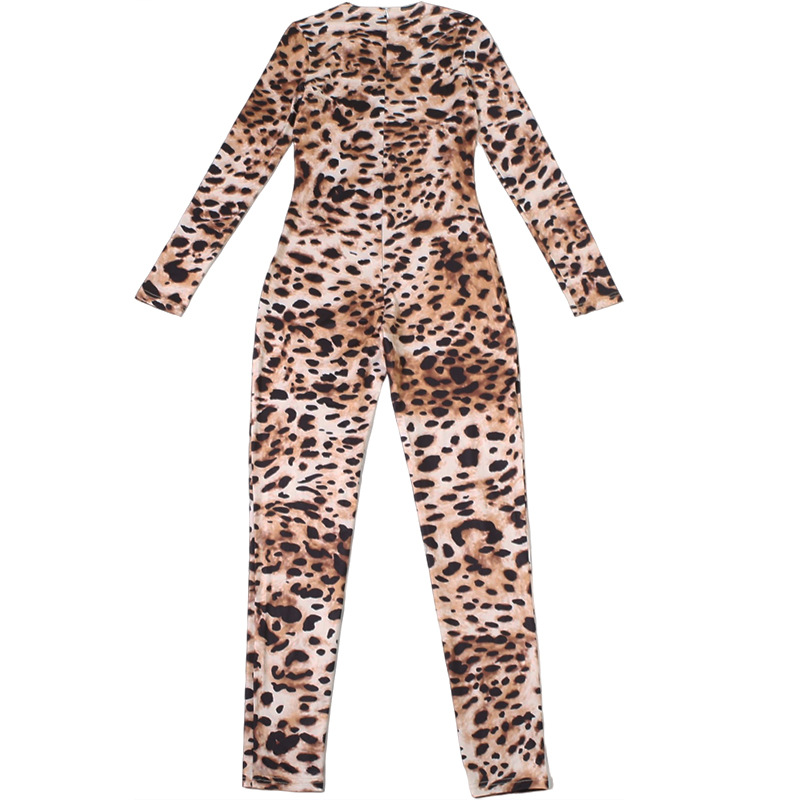 Women Sexy Contrast Leopard Round Neck Long Sleeve Jumpsuit