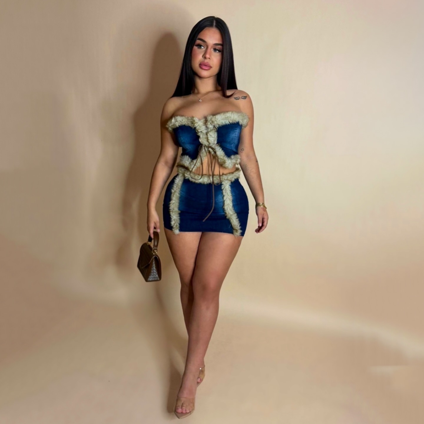 Women Plush Strapless Top and Bodycon Skirt Denim Two Piece Set