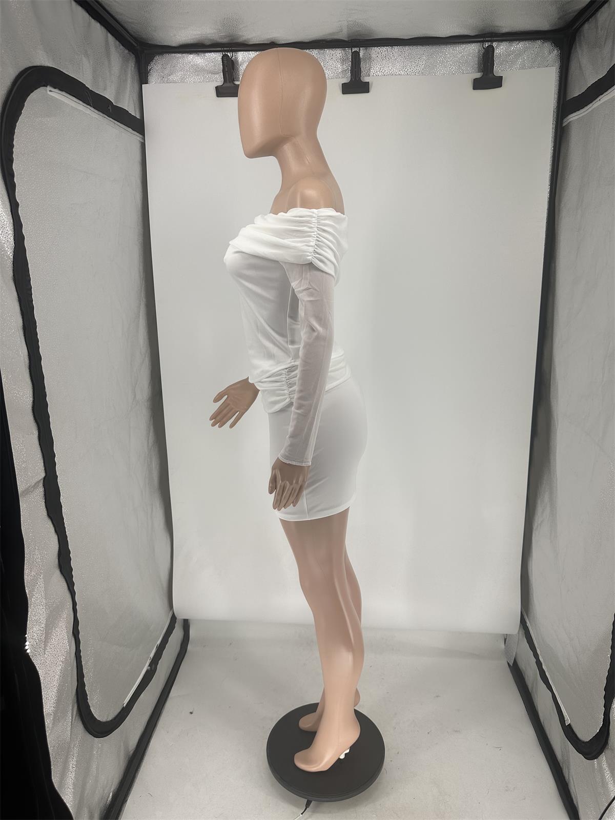 Women's Spring/Summer See-Through Mesh Long-Sleeve Patchwork Off-Shoulder Ruched Two-Piece Skirt Set