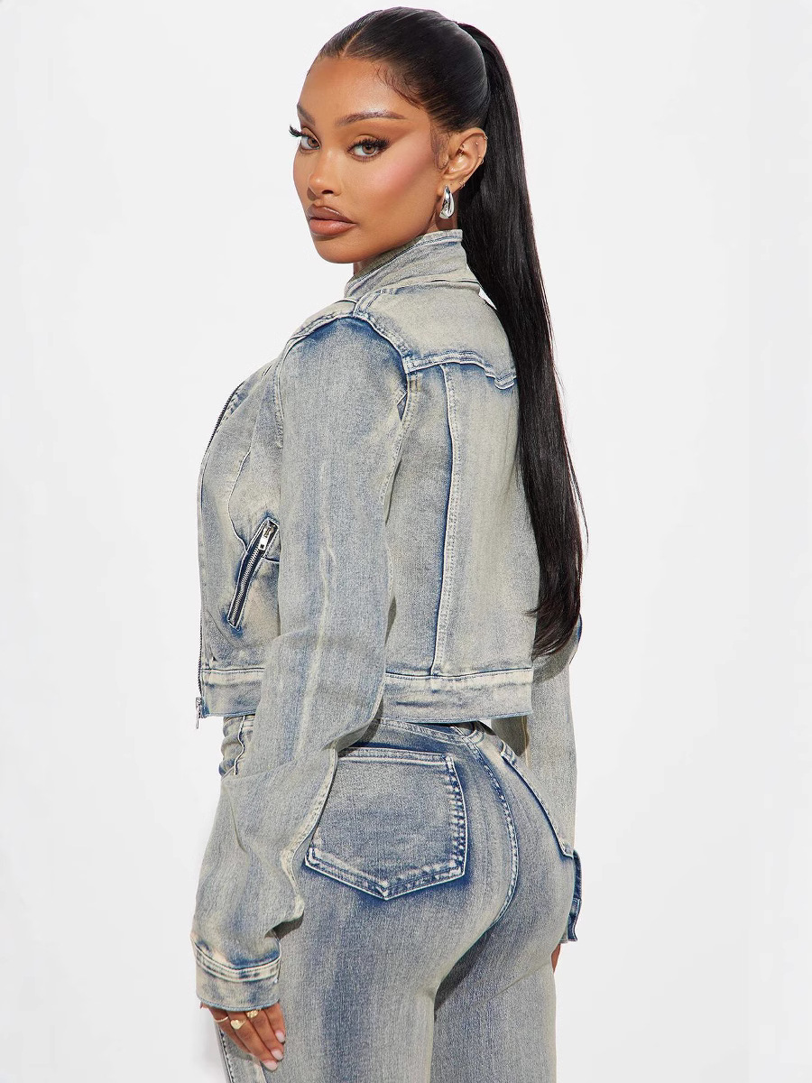 Women Spring Sexy Stretch Washed Zipper Denim Jacket Top and PantsTwo Piece Set