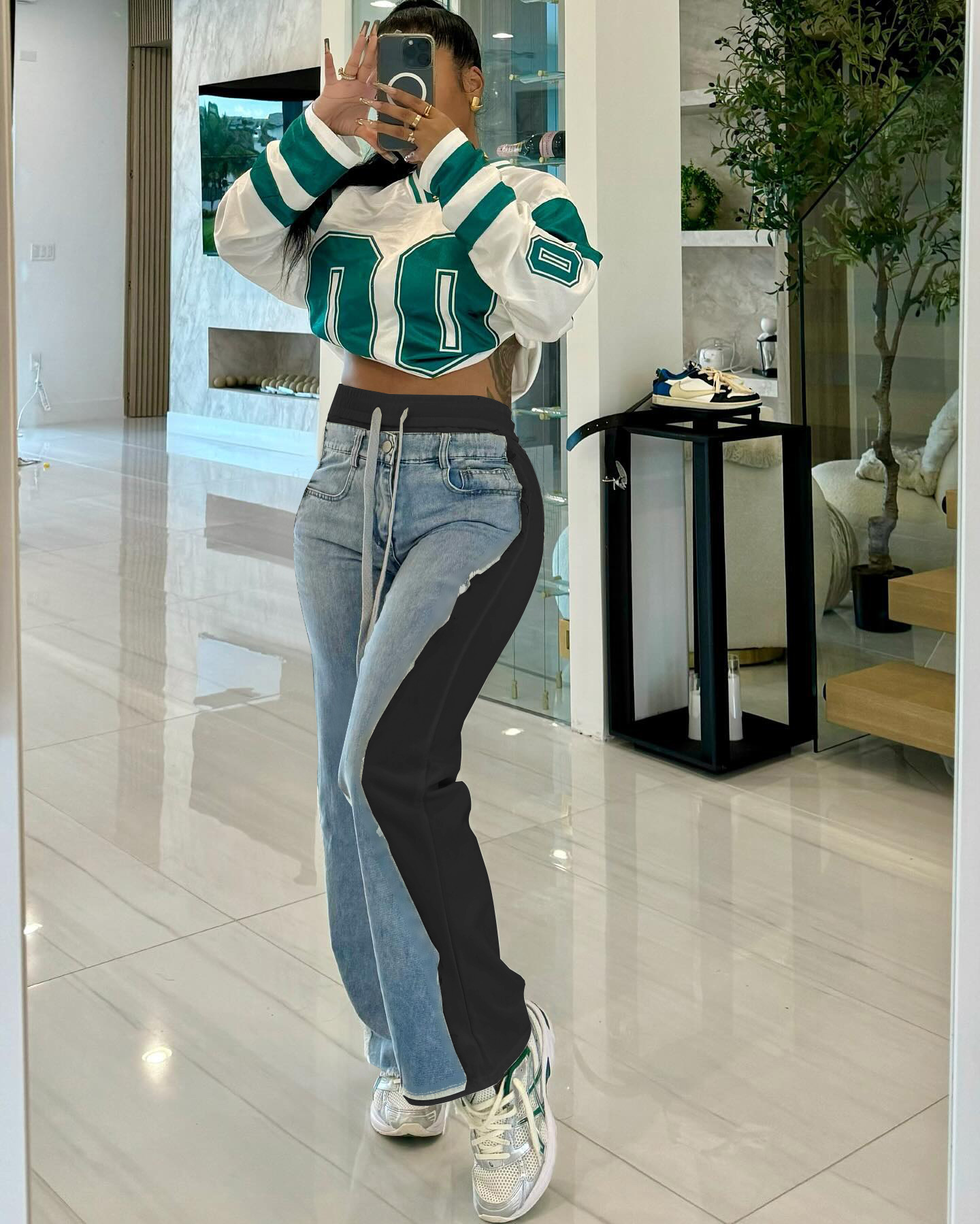 Spring/Summer Denim Print Contrast Pocket Elastic Waist Casual Straight-Leg Pants