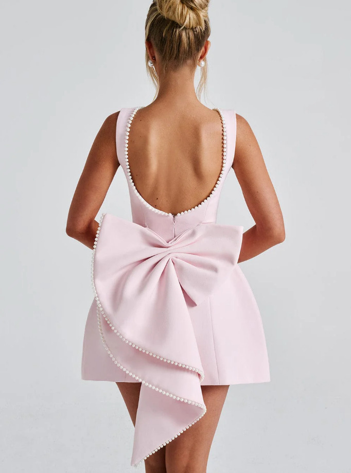Women Summer Pearl Edge Backless Dress
