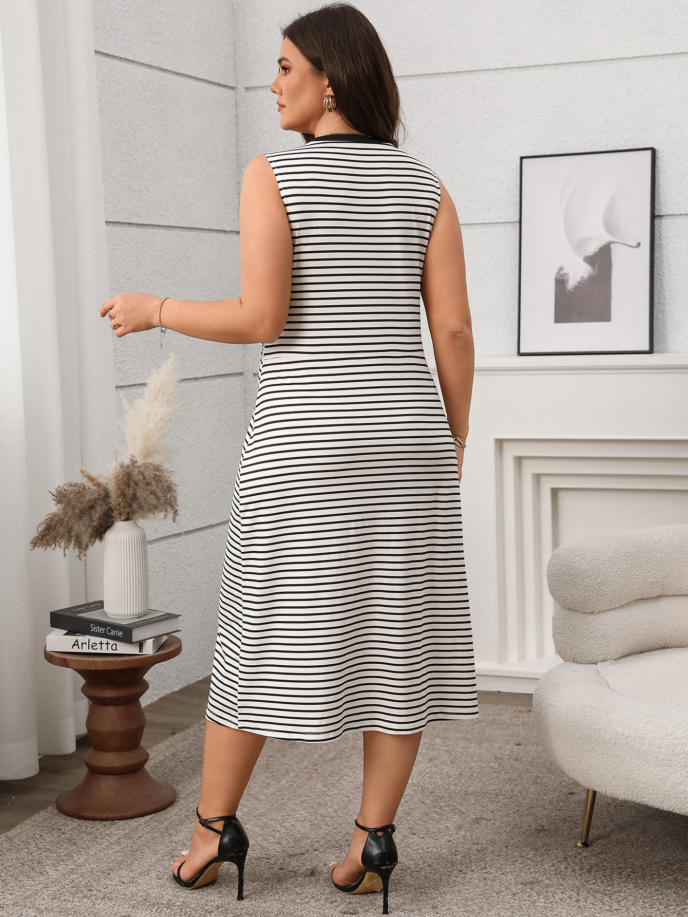 Women's Spring/Summer Plus Size High-Waist Round Neck Loose Striped Casual Dress