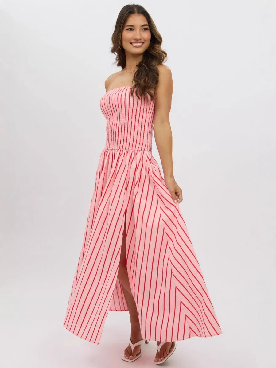 Striped Printed Strapless Sexy Women's Long Dress