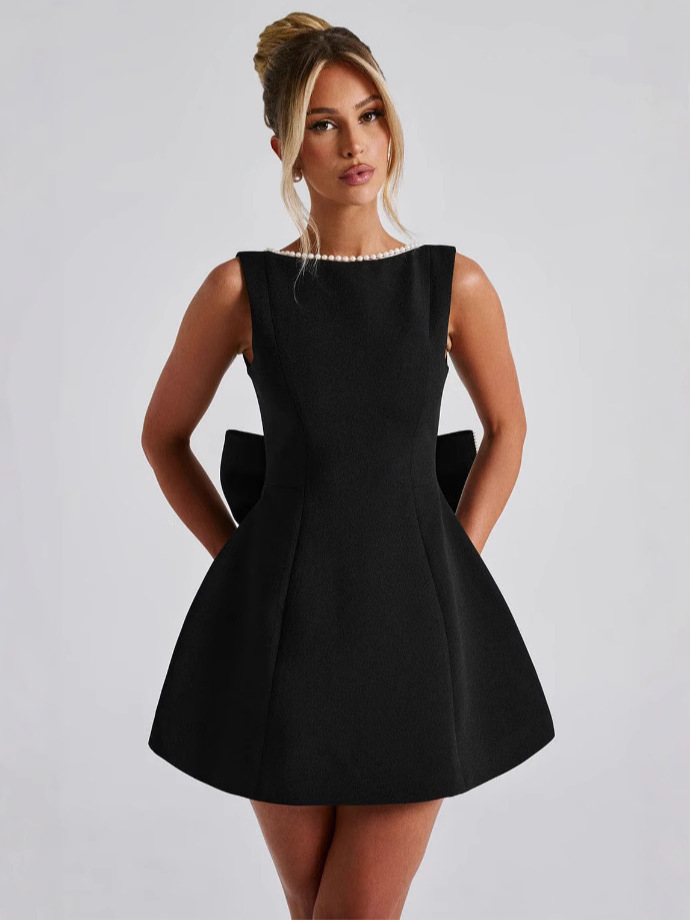 Women Summer Pearl Edge Backless Dress