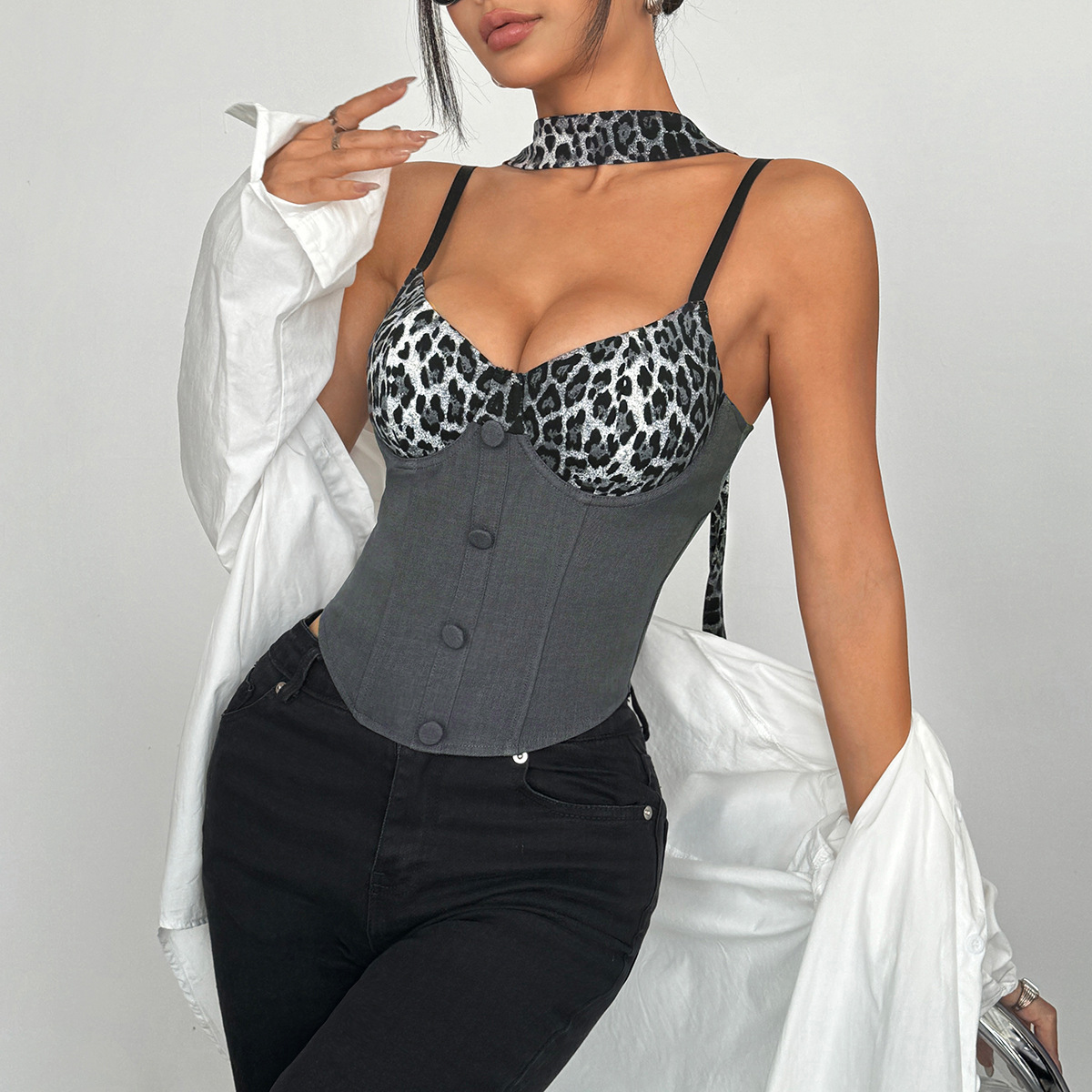 Leopard Patchwork Contrast Strap Corset Top