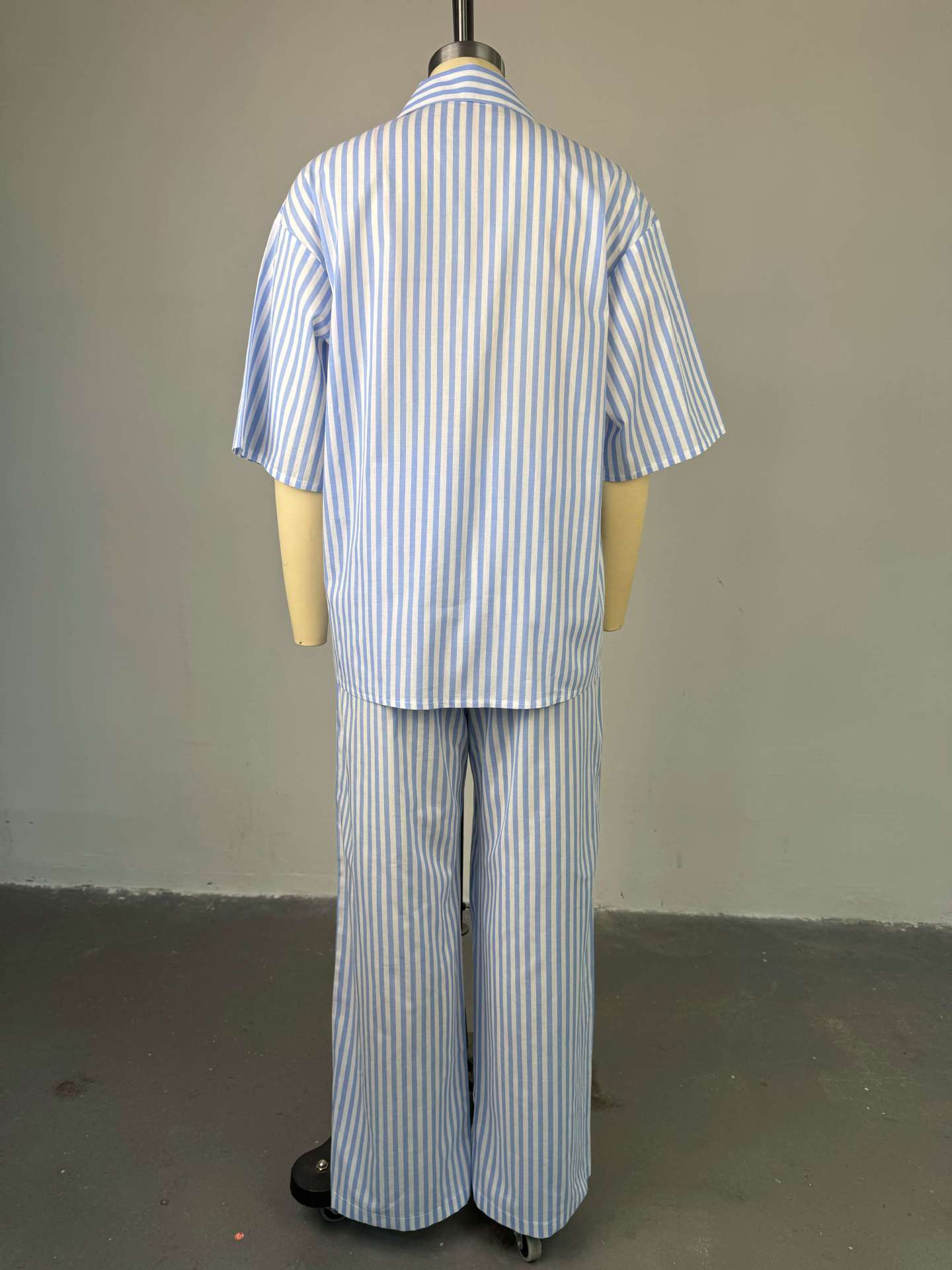 Women Summer Casual Turndown Collar Three-quarter Sleeve Striped Shirt and PantsTwo Piece Set