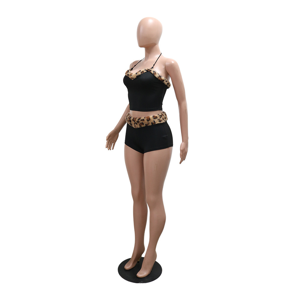 Women Sexy Lace Leopard Patchwork Crop Top and Shorts Two Piece Set