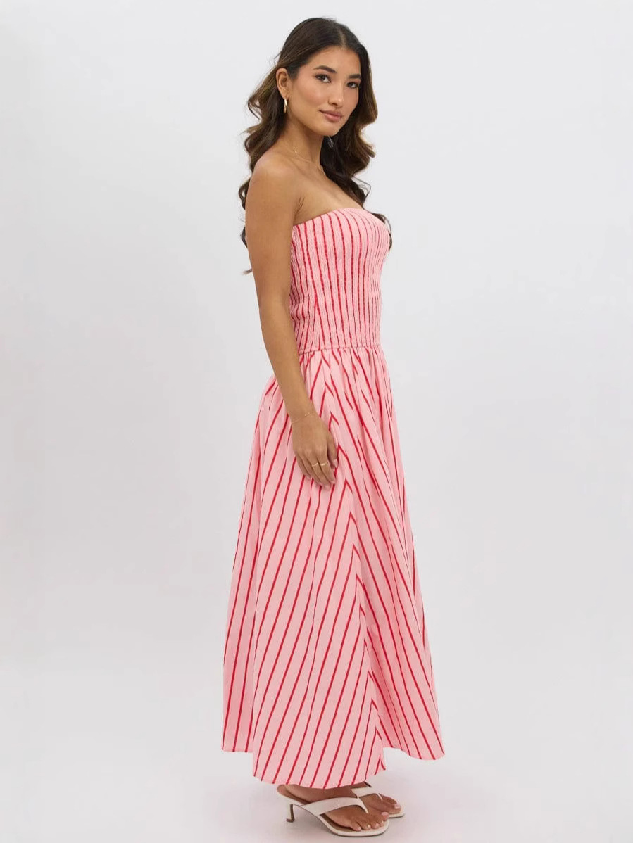 Striped Printed Strapless Sexy Women's Long Dress