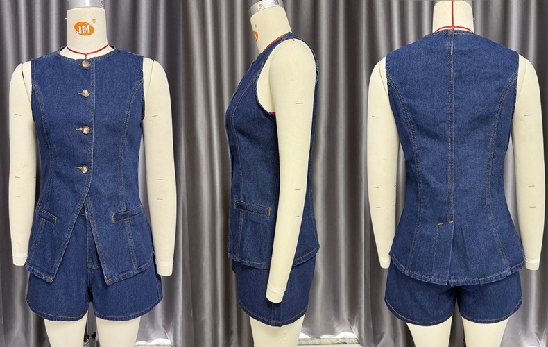 Spring/Summer Fashion Sleeveless Slim Waist Vest High-Waist Loose Denim Shorts Set