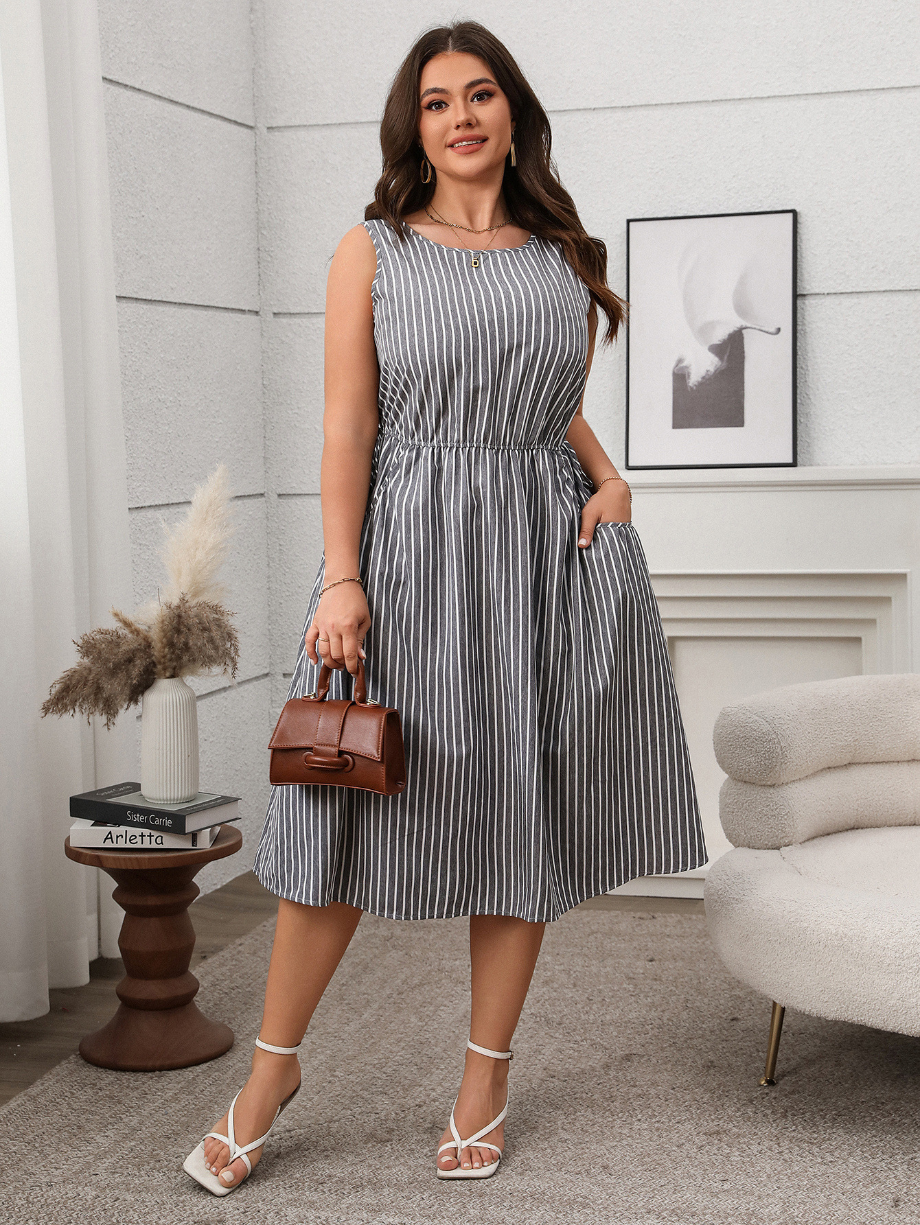 Spring/Summer Women's Plus Size Casual Contrast Stripe Sleeveless Pocket Dress