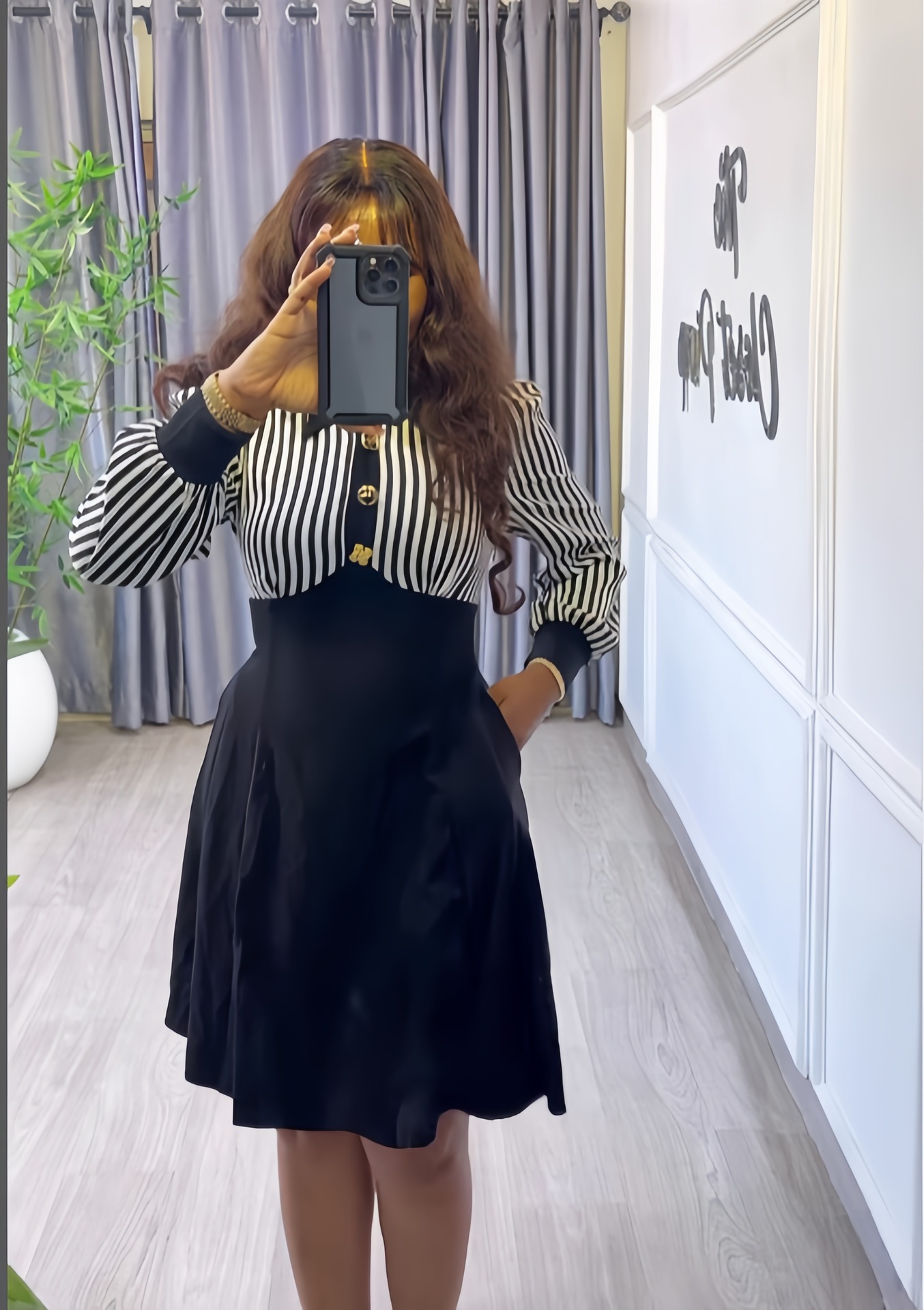 Women Spring Long Sleeve Single-Breasted Shirt Collar Striped Dress