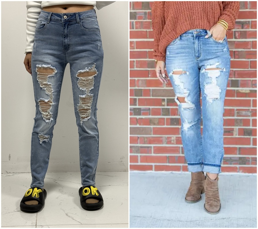 Light Color Tight Ripped Mid-Waist Denim Pants Streetwear