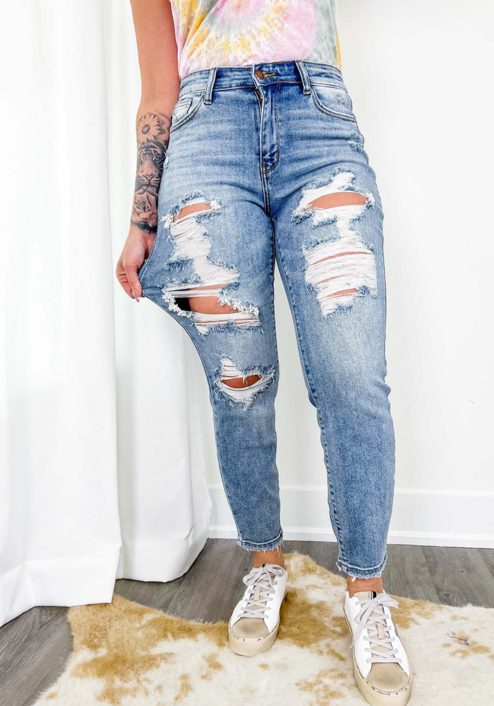 Light Color Tight Ripped Mid-Waist Denim Pants Streetwear