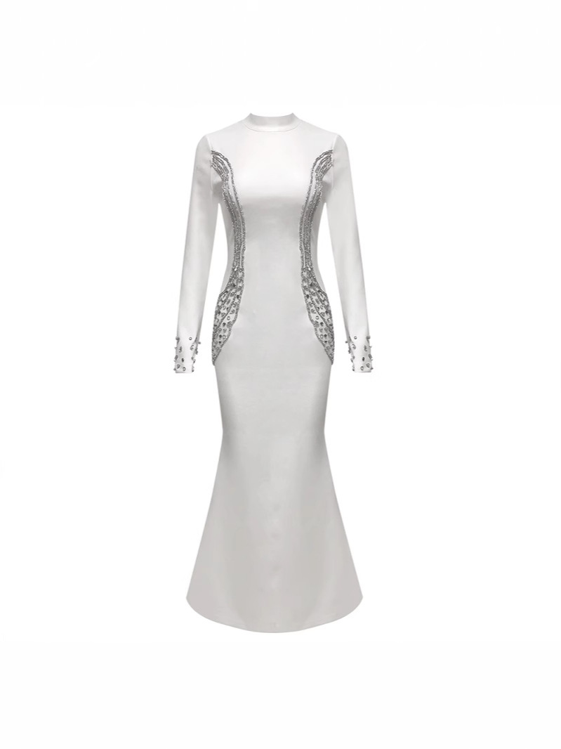 Fall/Winter Long-Sleeve Bandage Dress Rhinestone High Neck Party Gown