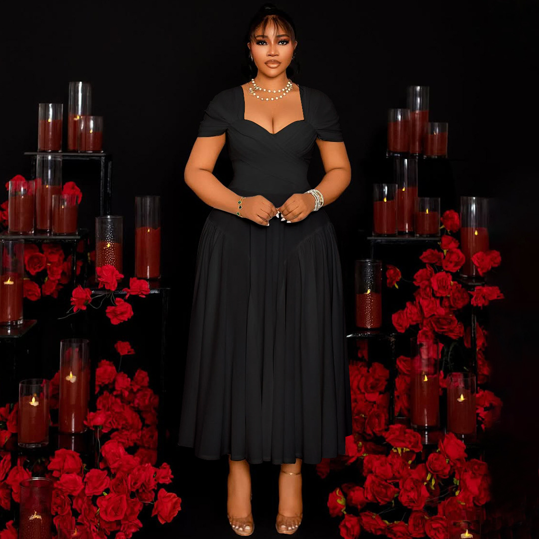 Plus Size Women's Fashion Elegant Square Neck Slim Waist A-line Long Dress