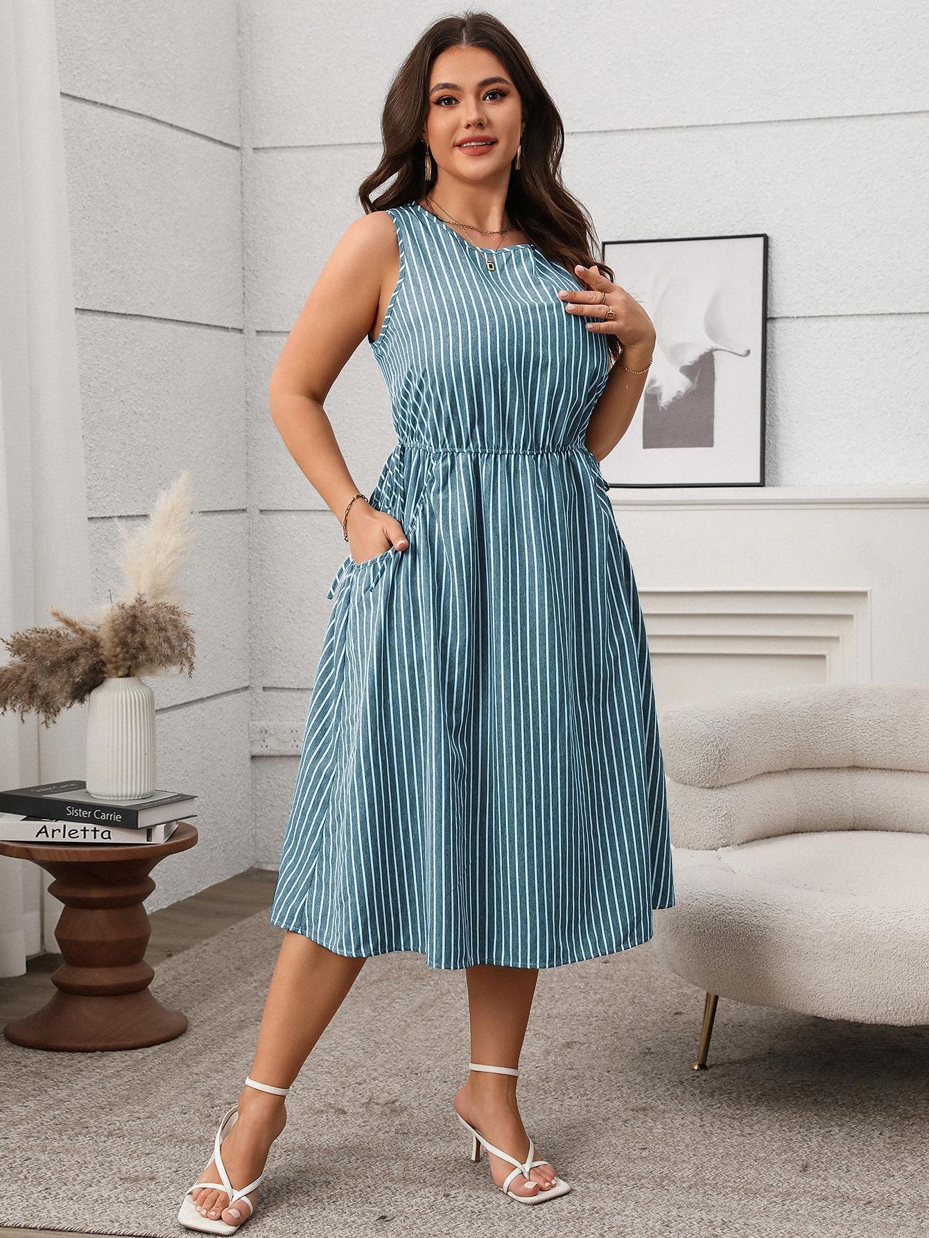 Spring/Summer Women's Plus Size Casual Contrast Stripe Sleeveless Pocket Dress