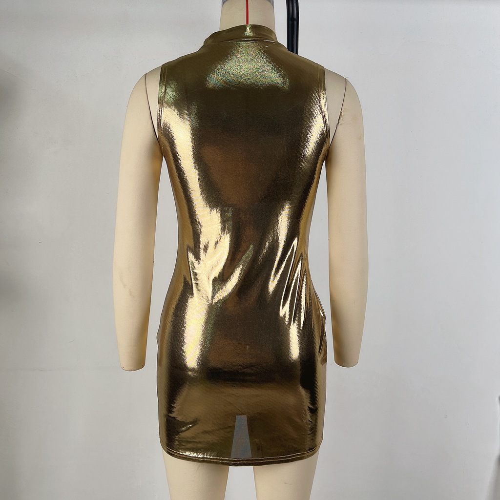 Women's Shiny Faux Leather Sleeveless Slim Waist Bodycon Dress