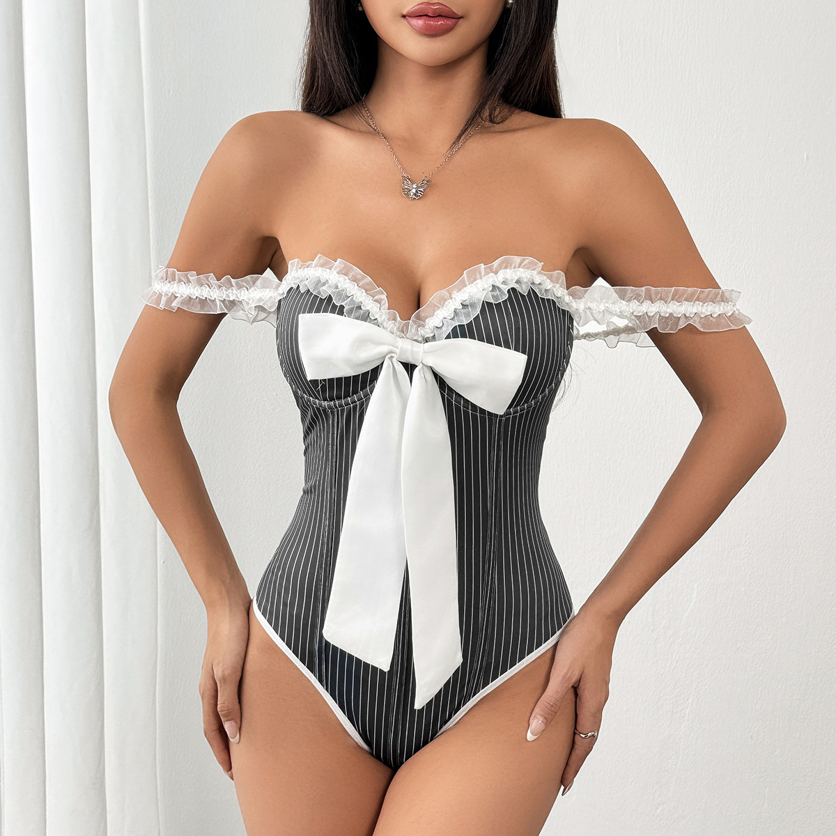 Women's Striped Bow Patchwork Camisole Lace Trim Slim Fitted Bodysuit