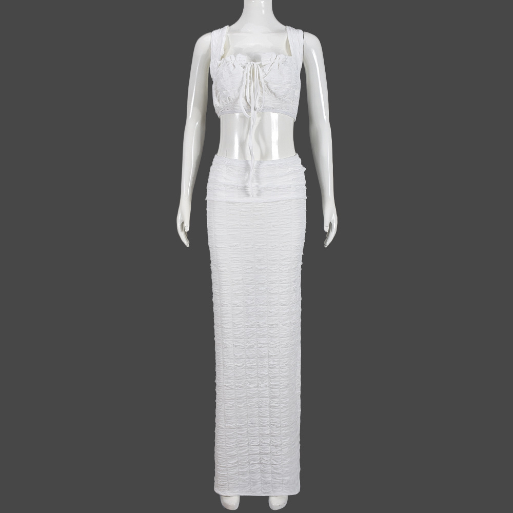 Sexy Cut-Out Square Neck Lace-Up Top with Slim Long Skirt Two Piece Set