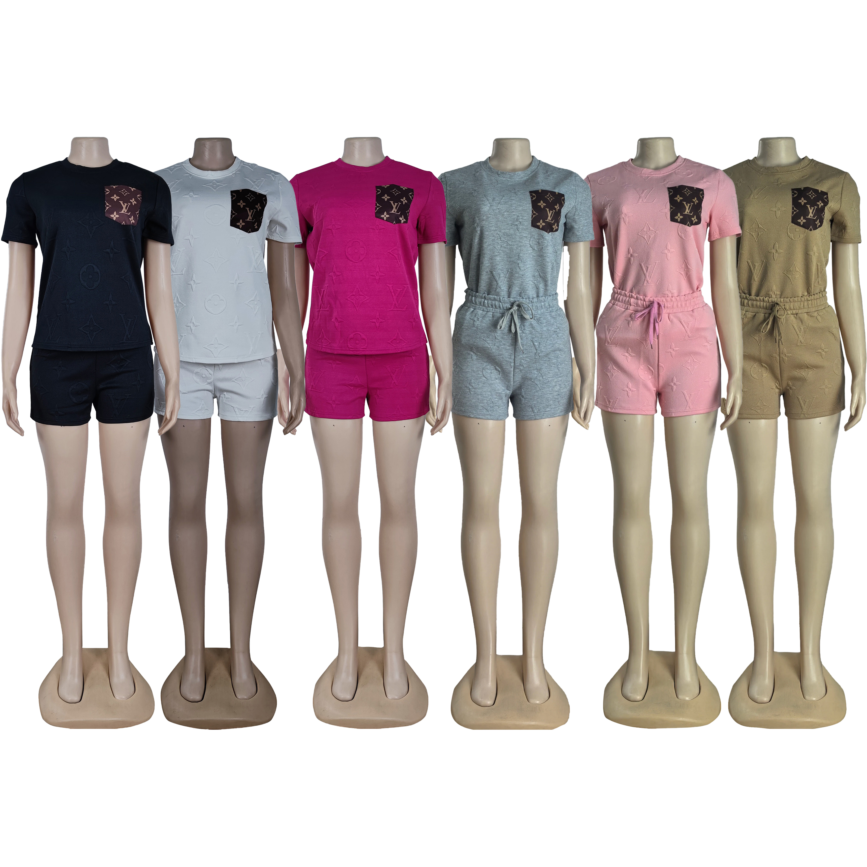 Women Short Sleeve Patch procket Top and Shorts Two Piece Set