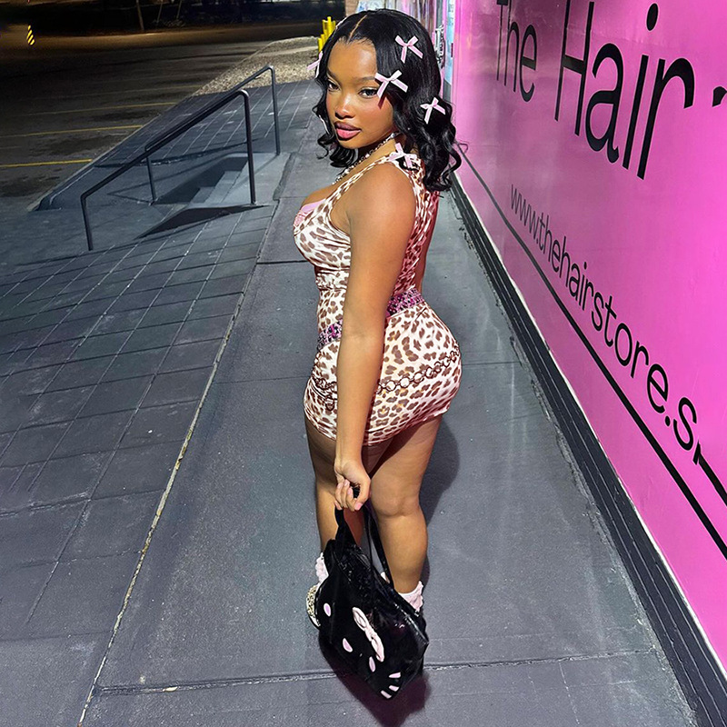 Women's Spring Sexy Lace Patchwork V-Neck Bodycon Leopard Dress