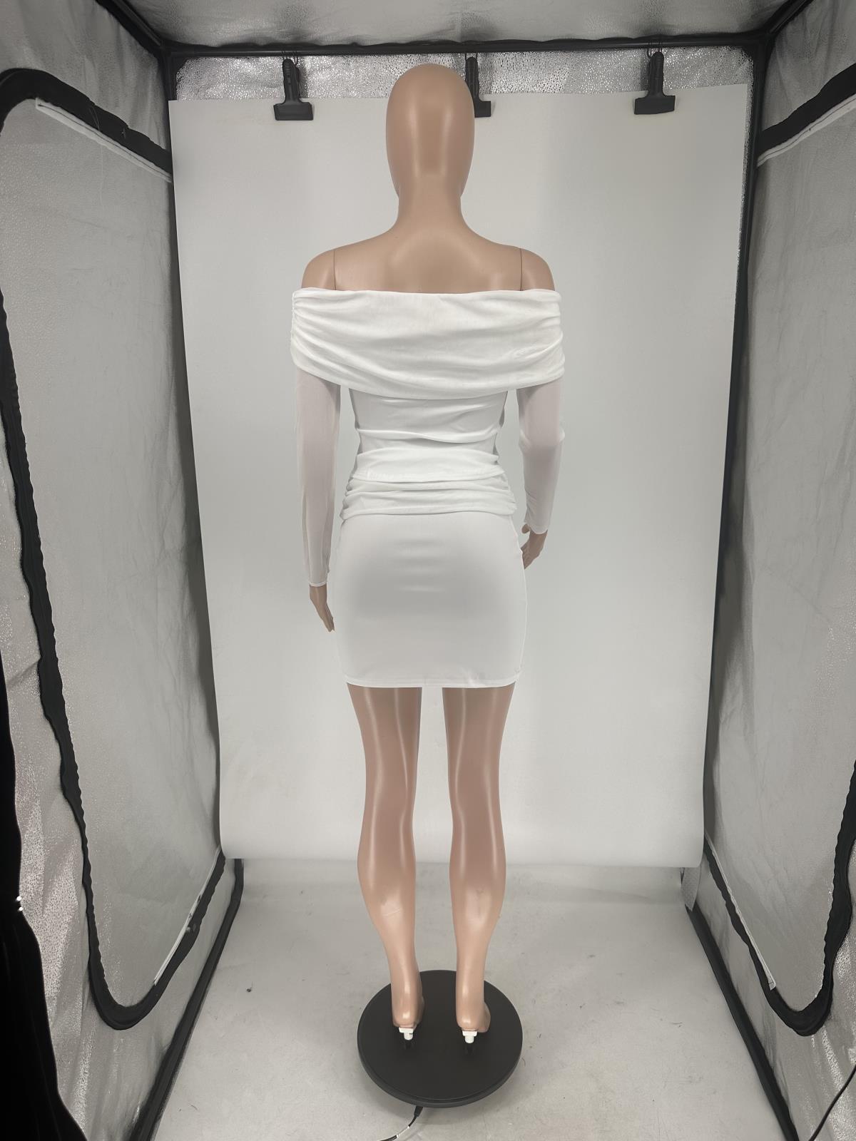 Women's Spring/Summer See-Through Mesh Long-Sleeve Patchwork Off-Shoulder Ruched Two-Piece Skirt Set