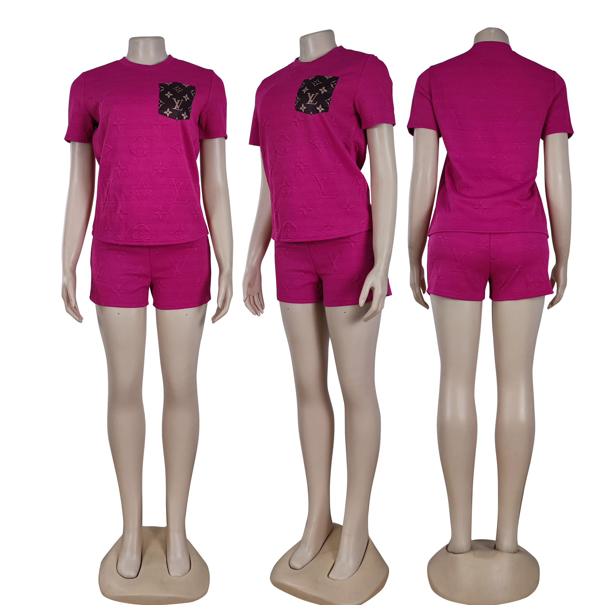 Women Short Sleeve Patch procket Top and Shorts Two Piece Set