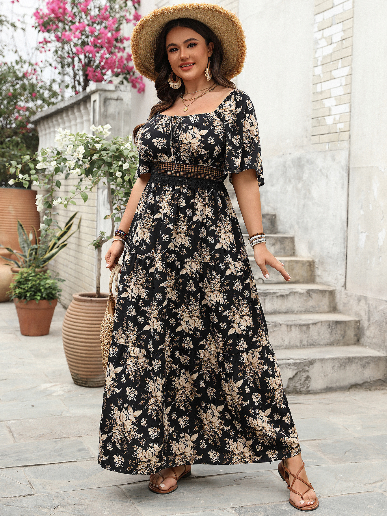 Spring Square Neck Print Plus Size Short-Sleeve Dress