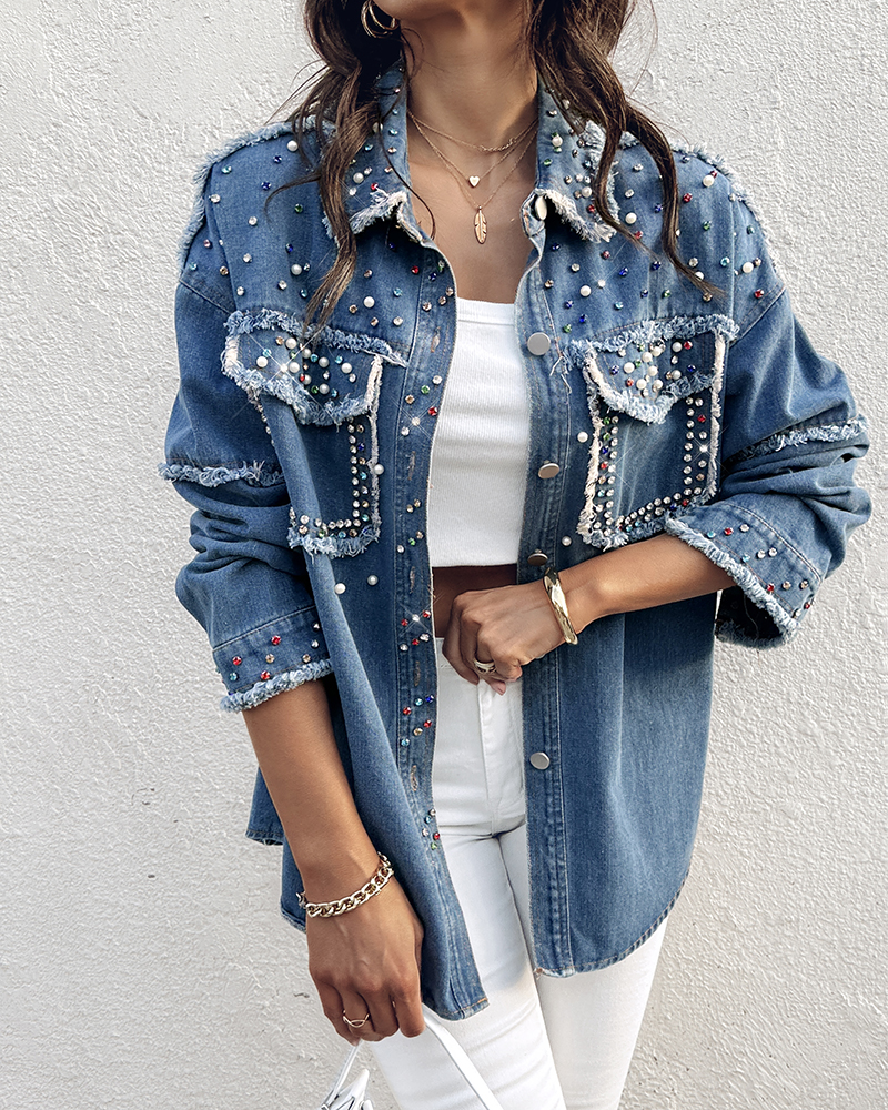 Women Beaded Contrast Denim Long Sleeve Jacket