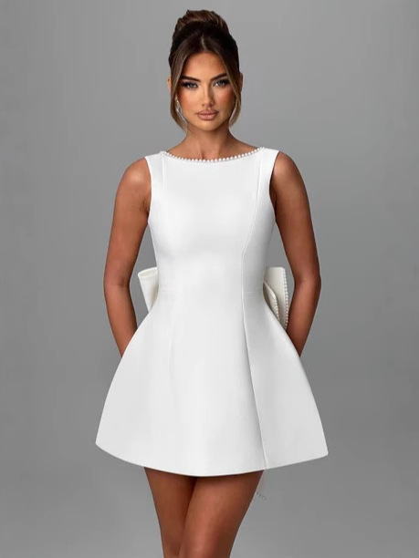 Women Summer Pearl Edge Backless Dress