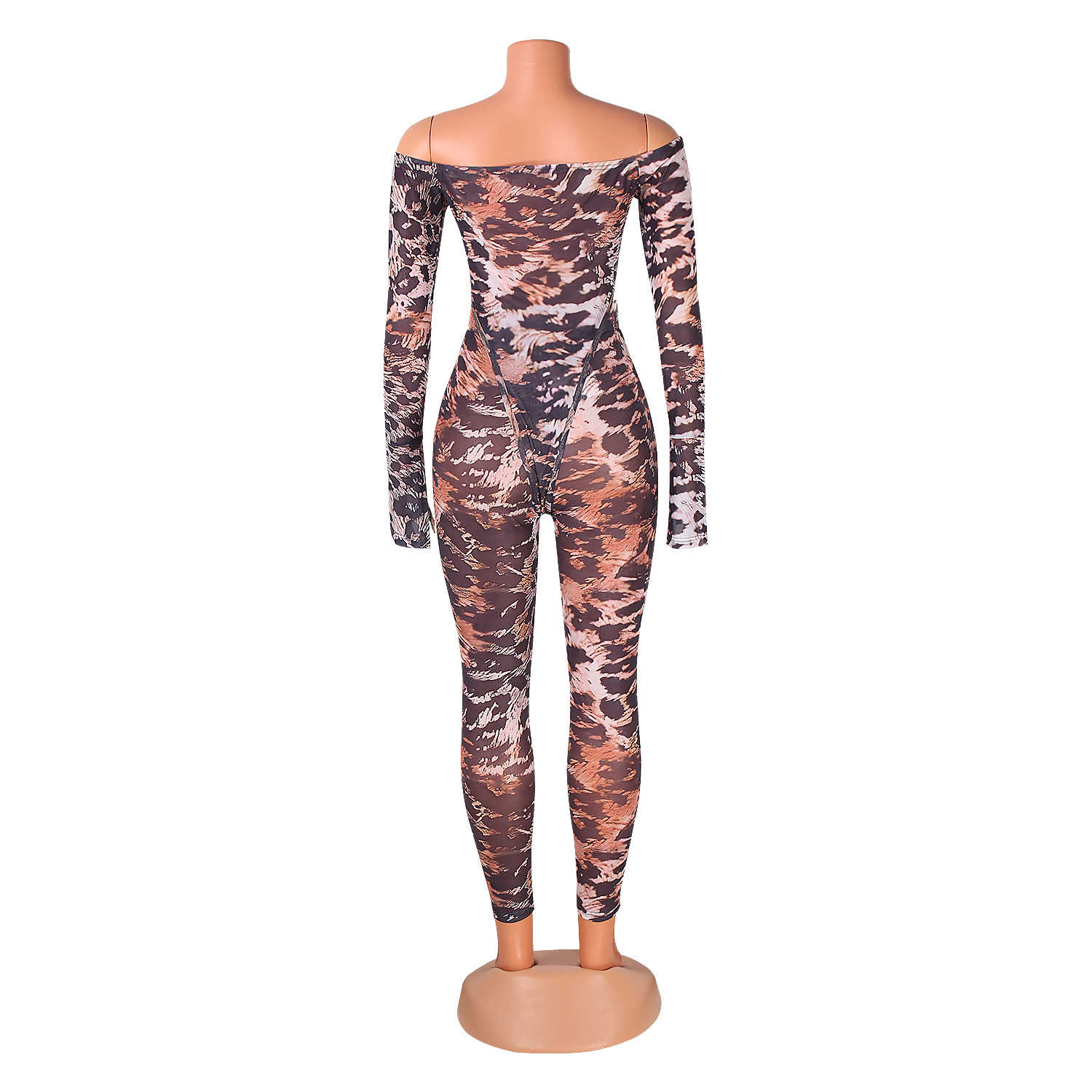 Fashionable and Sexy Mesh Leopard Print Bodysuit Slim Pants Two-Piece Set for Women
