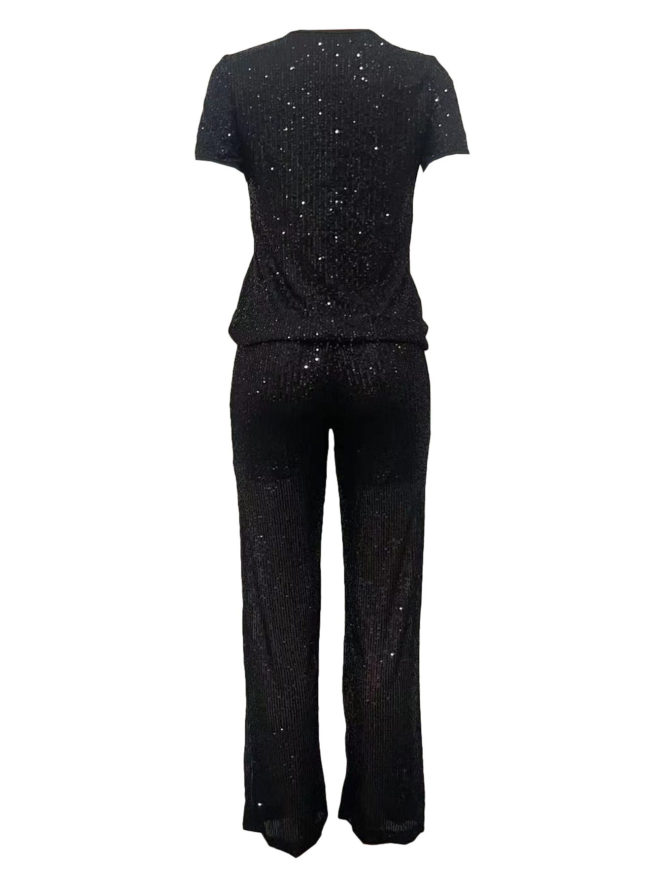 Women Spring Summer Sequin Solid Short Sleeve Top and Pants Two-piece Set