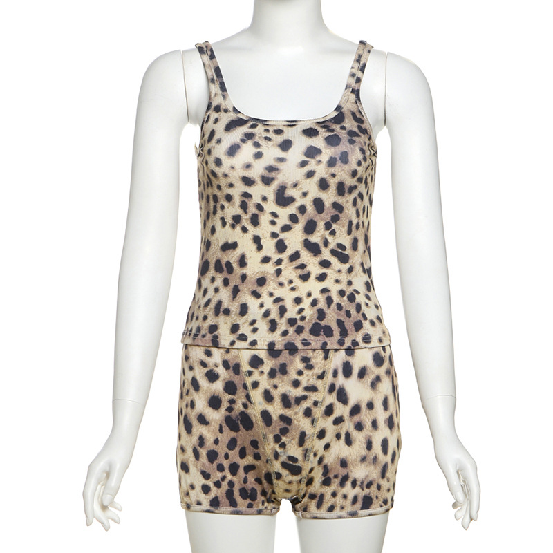 Women's Spring Leopard Print Slim Fitted Camisole and Casual Shorts Set