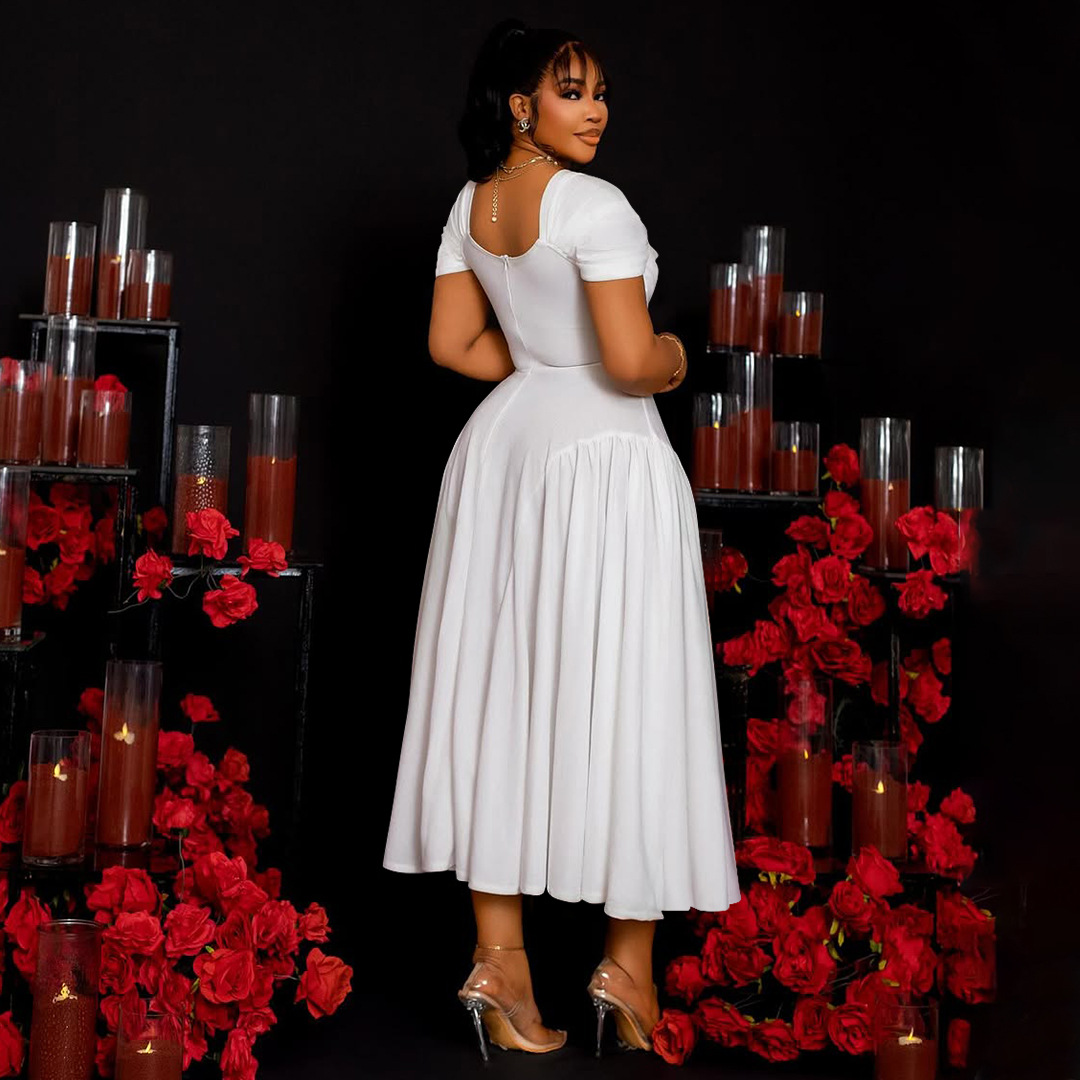 Plus Size Women's Fashion Elegant Square Neck Slim Waist A-line Long Dress