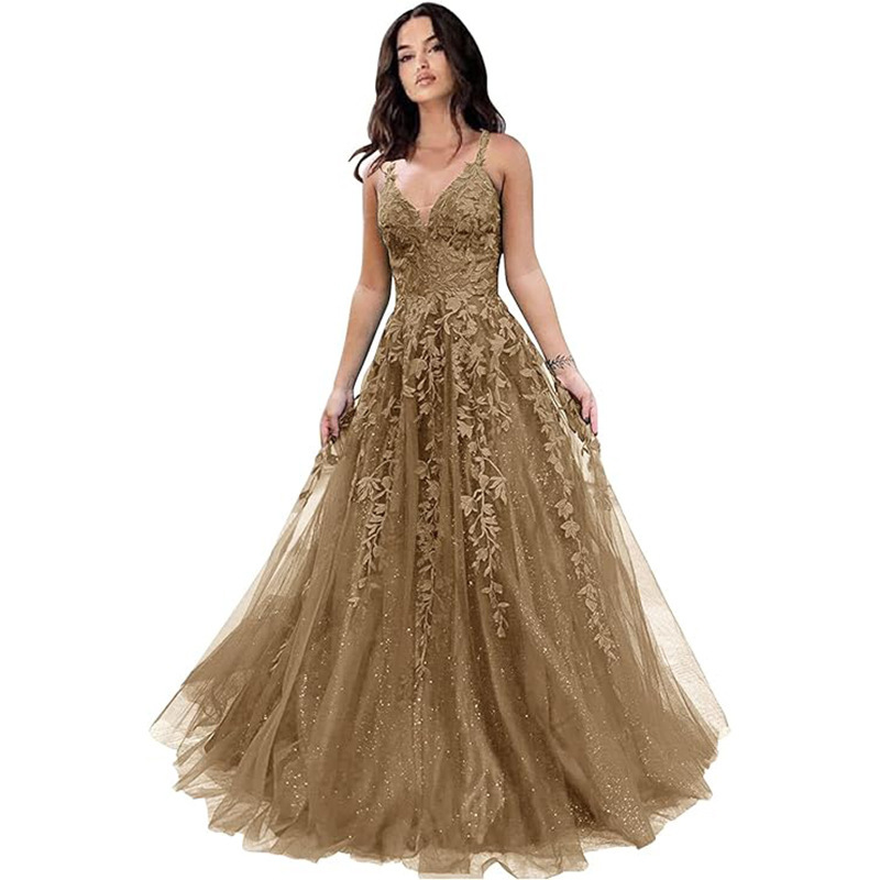 Women Sexy V-Neck Backless Lace Evening Dress