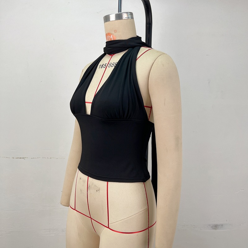 Halter Neck Camisole Summer Solid Color Deep V Tie Sleeveless Low-Back Top