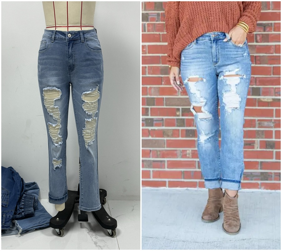 Light Color Tight Ripped Mid-Waist Denim Pants Streetwear