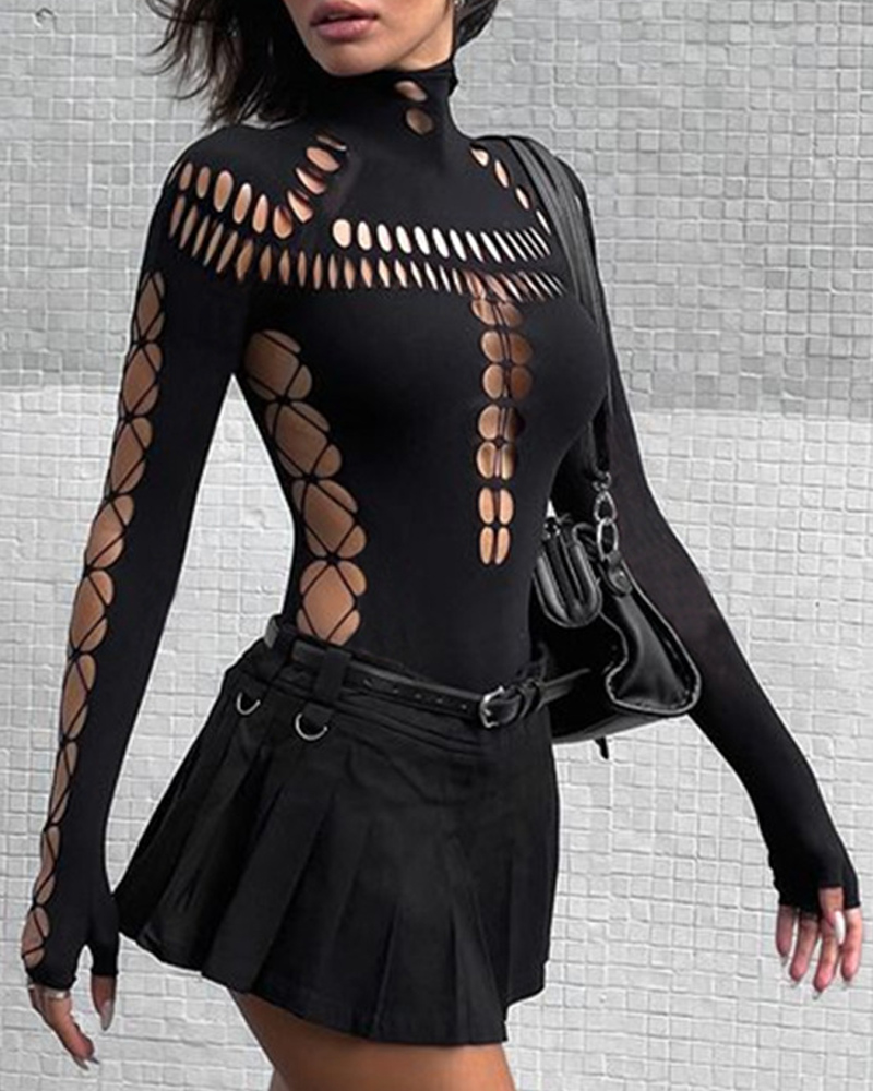 Women Hollow Ripped Hollow High Neck Bodysuit