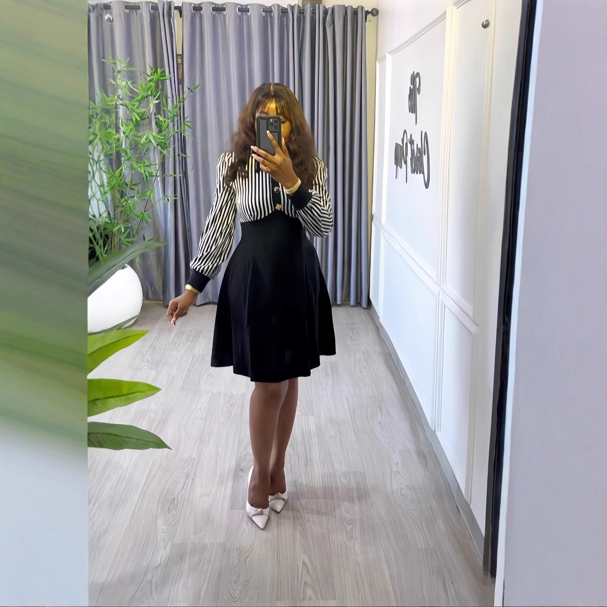 Women Spring Long Sleeve Single-Breasted Shirt Collar Striped Dress