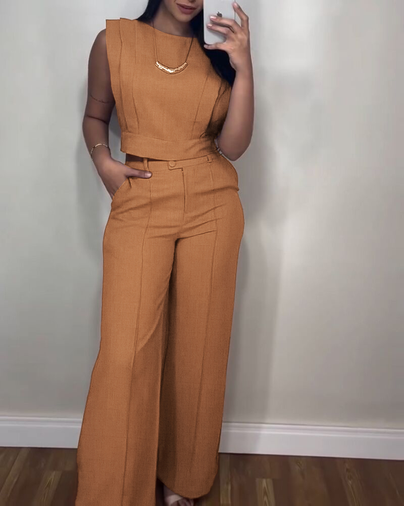 Women Round Neck Crop Top and Pants Casual Two Piece Set