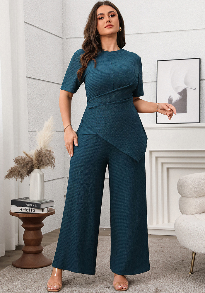 Women's Chic Casual Solid Color Short-Sleeve Top and Wide-Leg Pants Set